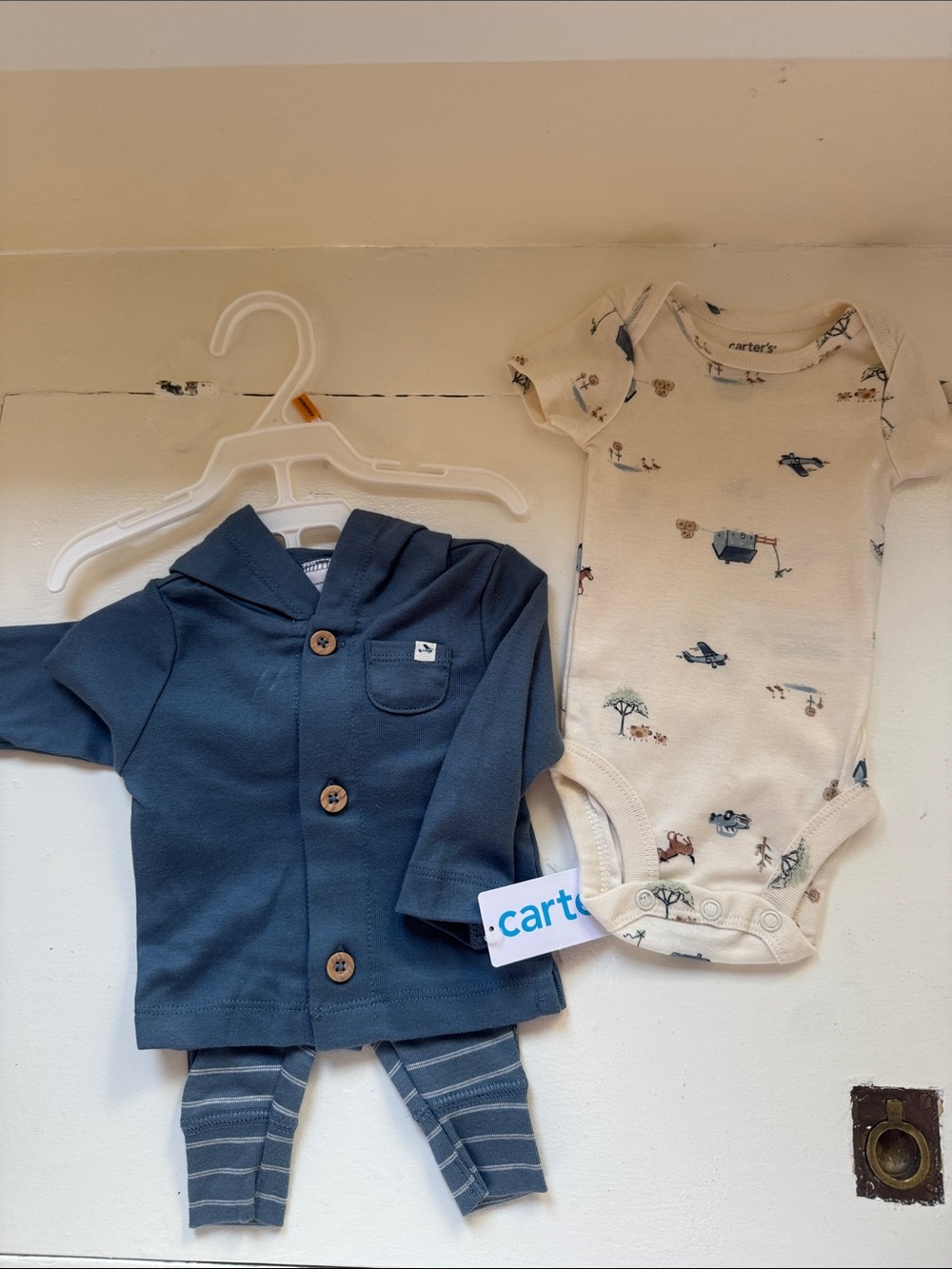 Carter's Navy Blue Hooded Jacket and Cream Printed Bodysuit Set